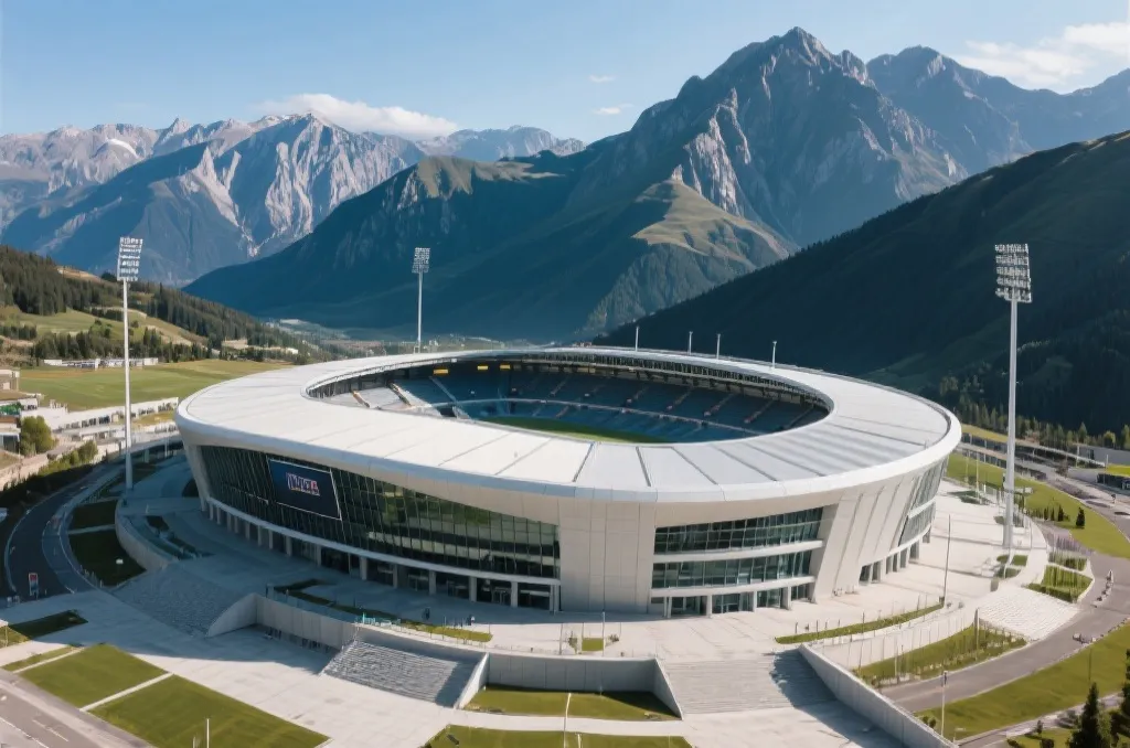 Aerial view of a majestic football stadium nestled at the foot of dramatic mountains
